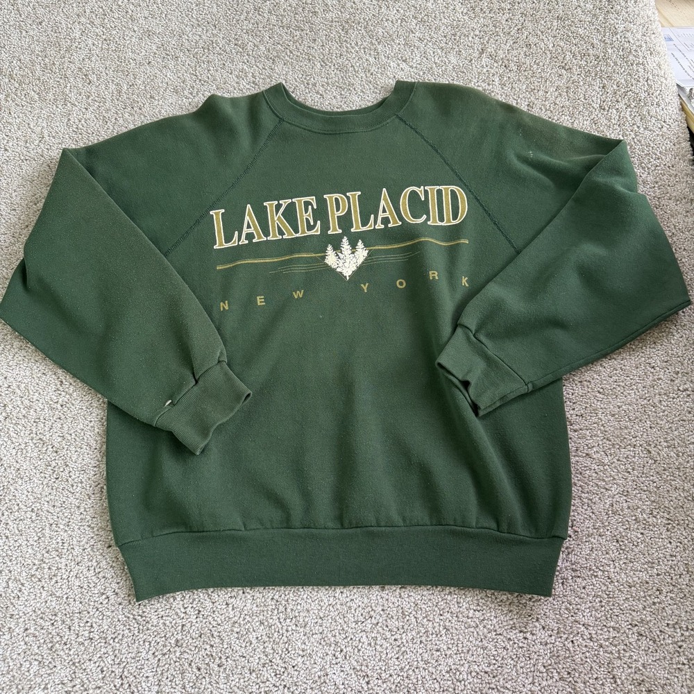 Vintage Tultex Sweatshirt Mens Lg Green Pullover Lake Placid New York Crewneck